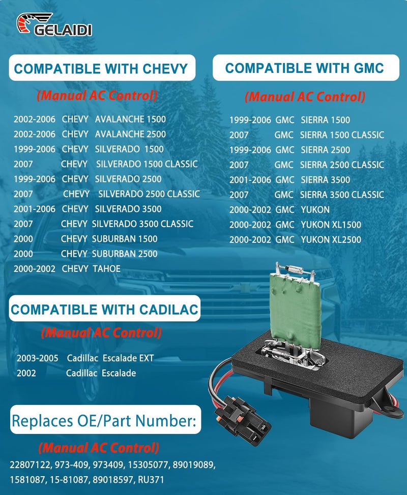 GELAIDI HVAC Blower Motor Resistor for 1999-2006 Chevy Avalanche Silverado Tahoe Suburban & GMC Sierra Yukon | OE Replacement Part #22807122, 973-409, 89019089, 15-81087 | Manual AC Control Module - Image 4